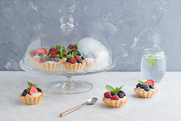 Mini tarts with delicious catalonian traditional cream and fresh berries on the table