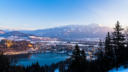 Lake Bled surrounded with nearby southern alps mountains in slovenian alps, Slovenia