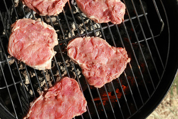Raw steaks on grill outdoors