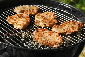Tasty steaks on barbecue grill