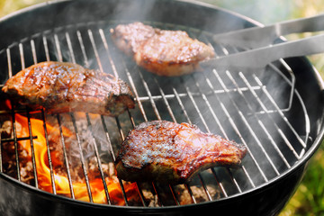 Tasty steaks on barbecue grill, close up