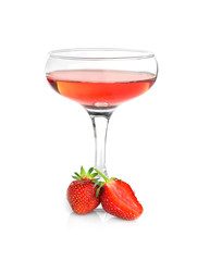 Glass of delicious strawberry wine on white background