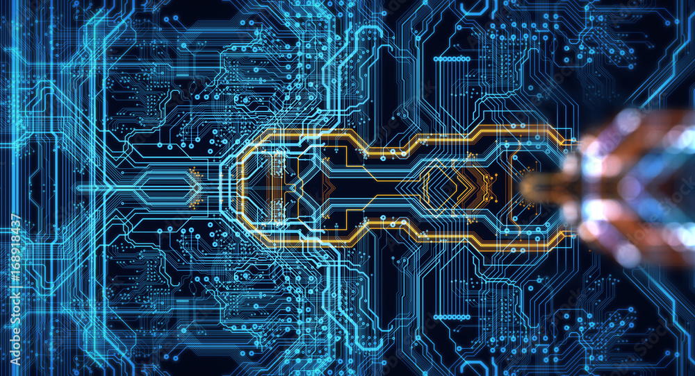 Poster Printed circuit board in the server  executes the data/Abstract technological background made of different element printed circuit board and flares. Depth of field effect and bokeh.