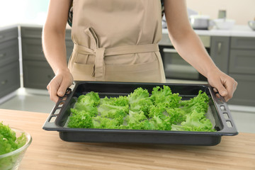 Woman preparing lettuce chips at table in kitchen