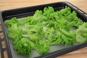 Baking tray with lettuce for preparing chips on table