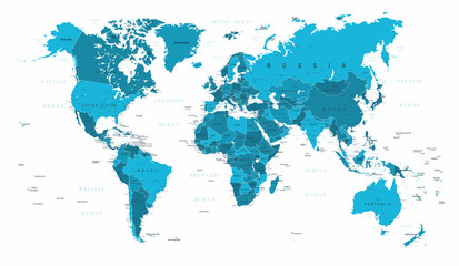 Naklejka premium Mapa świata politycznego niebieski wektor