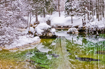 Winter reflections in a cold mountain stream, river Sava near lake Bohinj, Slovenian Alps, Slovenia