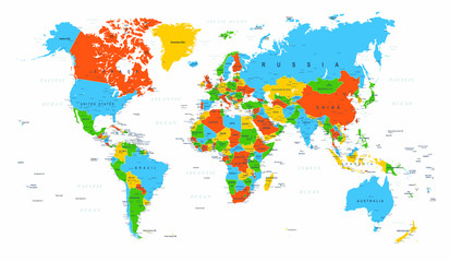 Fototapeta na wymiar World Map Political Red Blue Green Vector