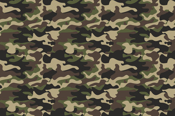 Camouflage seamless pattern background. Horizontal seamless banner. Classic clothing style masking camo repeat print. Green brown black olive colors forest texture. Design element. Vector illustration - obrazy, fototapety, plakaty