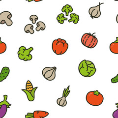 Seamless Pattern Vegetables Organic Vegetarian Food Color Flat Line Icon. Carrot, Corn, Garlic, Onion, Mushroom, Bell pepper, Broccoli, Pumpkin, Cucumber, Cabbage.