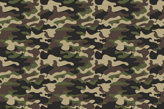 Camouflage seamless pattern background. Horizontal seamless banner. Classic clothing style masking camo repeat print. Green brown black olive colors forest texture. Design element. Vector illustration