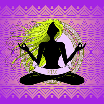 Beautiful woman silhouette meditating, doing yoga, graphic vector illustration design