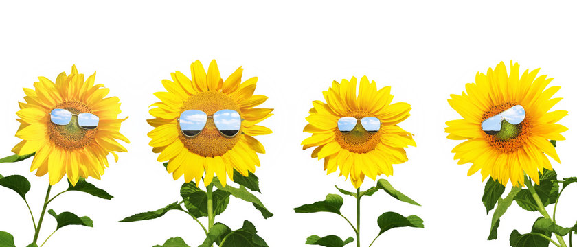 Sonnenblume mit Sonnenbrille auf weissem Hintergrund