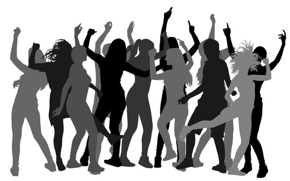 Party dancer people vector silhouette illustration. Nightlife party concept with crew dancing. Disco club event. Girl night. Bachelorette party. Lesbian event.