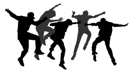Party dancer people, happy boys vector silhouette illustration. Nightlife party concept with crew dancing. Disco club event. Celebration dance.