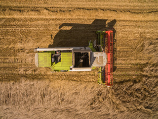 combine harvester - aerial view close up of modern combine harvester at the harvesting the wheat - ...