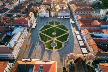 Union Square Timisoara at sunset with beautiful shadows - HDR aerial view taken by a professional drone with some nice lens flare