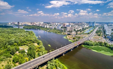 Fototapete Kiew The Paton bridge and Rusanivka district of Kyiv, Ukraine