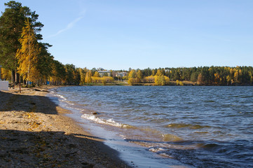 View of the beach, the shore of lake Sinara and Lenin street, Snezhinsk, Chelyabinsk region, Russian Federation