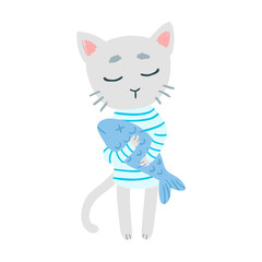 Cute cartoon cat holding a fish vector illustration