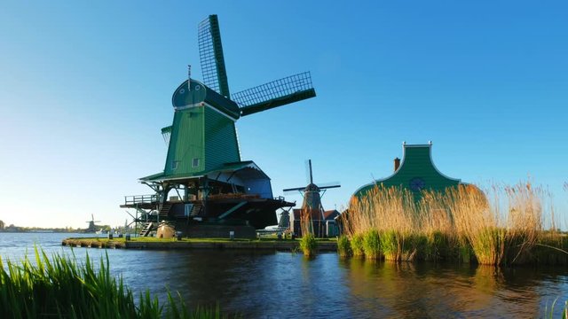 Windmills at Zaanse Schans in Holland. Zaandam, Netherlands