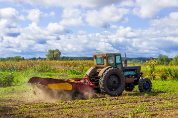 Fototapeta premium Small tractor working in the field. Machine farmers. Agriculture. Cleaning the fall harvest from the field. Tinted