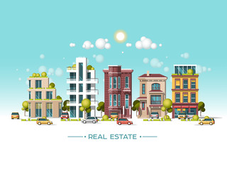 Obraz na płótnie Canvas City landscape. Real estate and construction business concept. Modern architecture, buildings, hi-tech townhouses, cars, green roofs, skyscrapers. Flat vector illustration. 3d style.