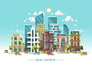 City landscape. Real estate and construction business concept. Modern architecture, buildings, hi-tech townhouses, cars, green roofs, skyscrapers. Flat vector illustration. 3d style.