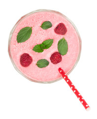 raspberry yogurt with mint leaves isolated on white background. Top view