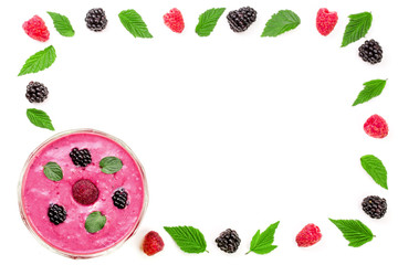 blackberry and raspberry yogurt or smoothie isolated on white background with copy space for your text. Top view