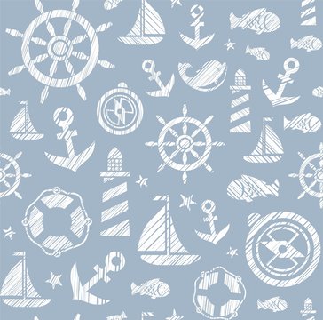 Nautical background, seamless, gray, vector. The attributes of a sea voyage on a gray background. White pictures drawn with diagonal hatching. Vector pattern. 