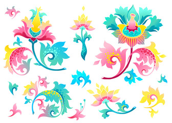 Fototapeta na wymiar Vector set with exotic flowers in Chinese style.