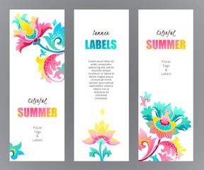 Vector vertical labels with exotic flowers.