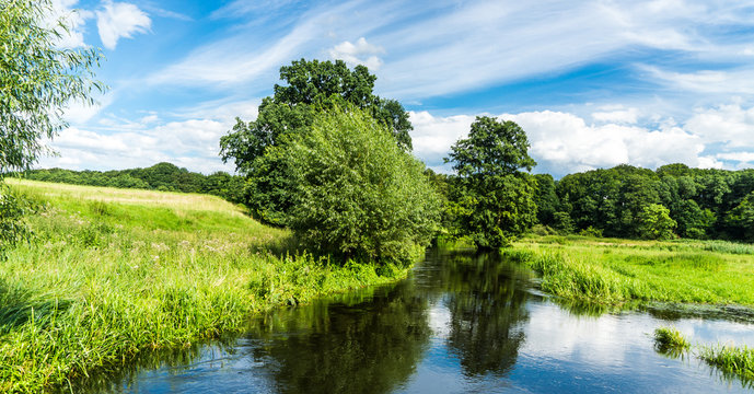 calm river with meadows and forest around - landscape