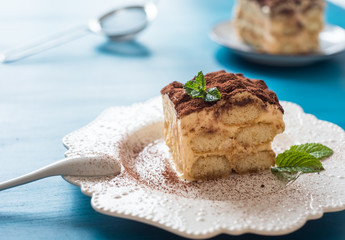 Italian tiramisu dessert on a porcelain plate