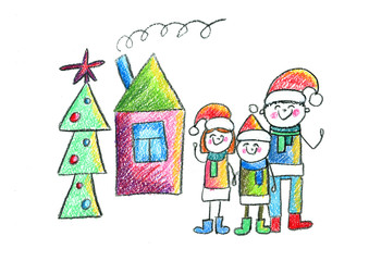 Happy family with house and Christmas tree Kids drawing Mother, father, sister, brother celebration of Christmas New year Xmas Happy people Kindergarten children Friendship and happiness