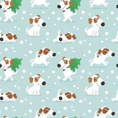 Christmas pattern with funny white dog and Christmas lights. Colorful vector illustration in cartoon style.