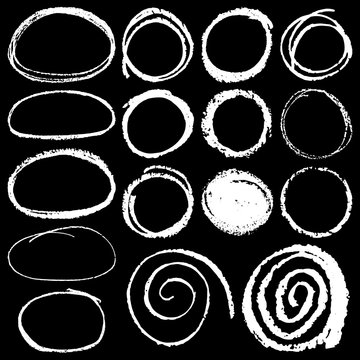set of vector illustration of hand drawn chalk circles isolated on black background