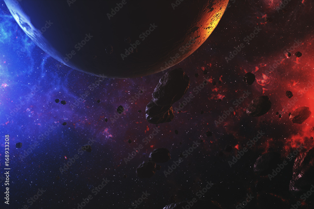 Canvas Prints colorful outer space with asteroids and planet 3d illustration