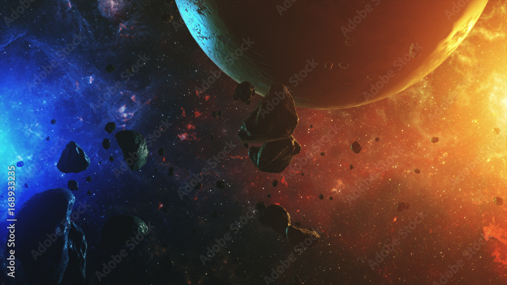 Canvas Prints colorful outer space with asteroids and planet 3d illustration