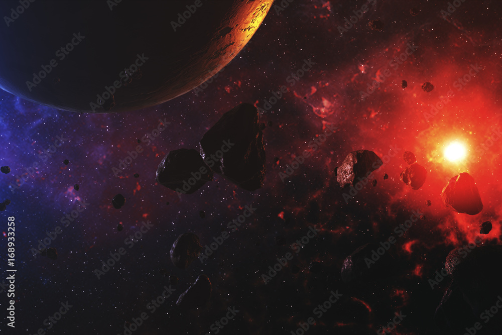 Sticker colorful outer space with asteroids and planet 3d illustration