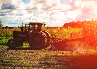 Harvest. Small tractor working in the field. Small-scale agriculture. Tinted