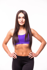 Fototapeta premium Portrait young cheerful smiling woman in sports wear, isolated over white background