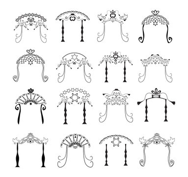 Set Of Vintage Graphic Chuppah. Religious Jewish Wedding Canopy For. Vector Illustration On Isolated Background