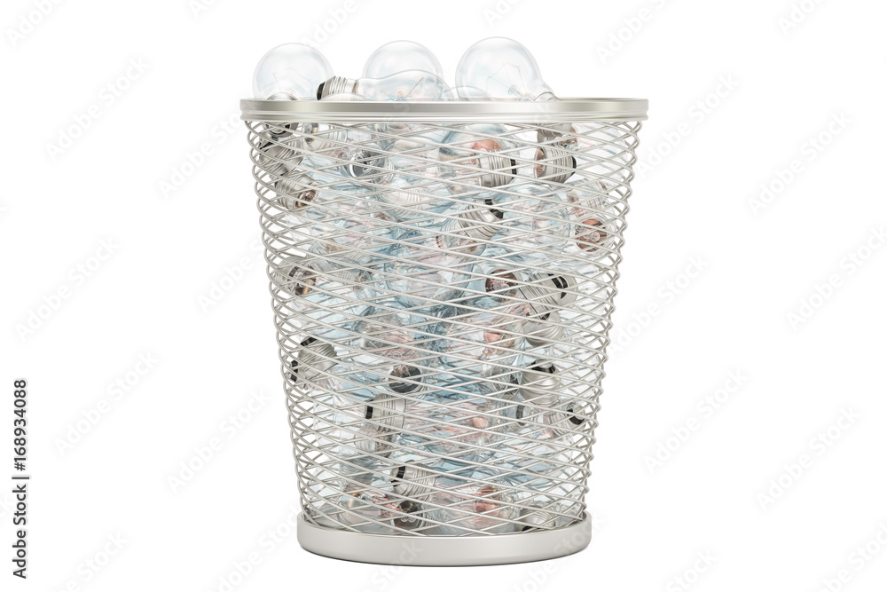 Poster lightbulbs inside metallic garbage bin, 3d rendering
