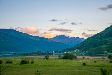 Unusual lake Plav among the picturesque mountain peaks of Montenegro.