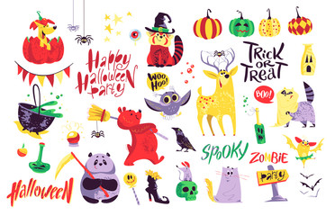 Collection of flat vector halloween traditional decoration elements isolated on white background. Funny spooky animals in costumes. Good for party invitation, flyer, poster, packaging designs.