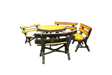 set of wooden chair and table made from cement