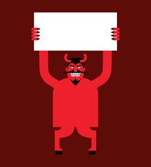 Red devil hand holding white sheet. Satan holds and signboard