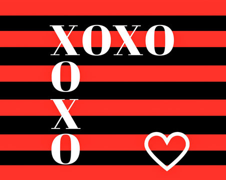 Quote:  XOXO (hugs and kisses) in typography on a bold black and red stripe and white heart outline